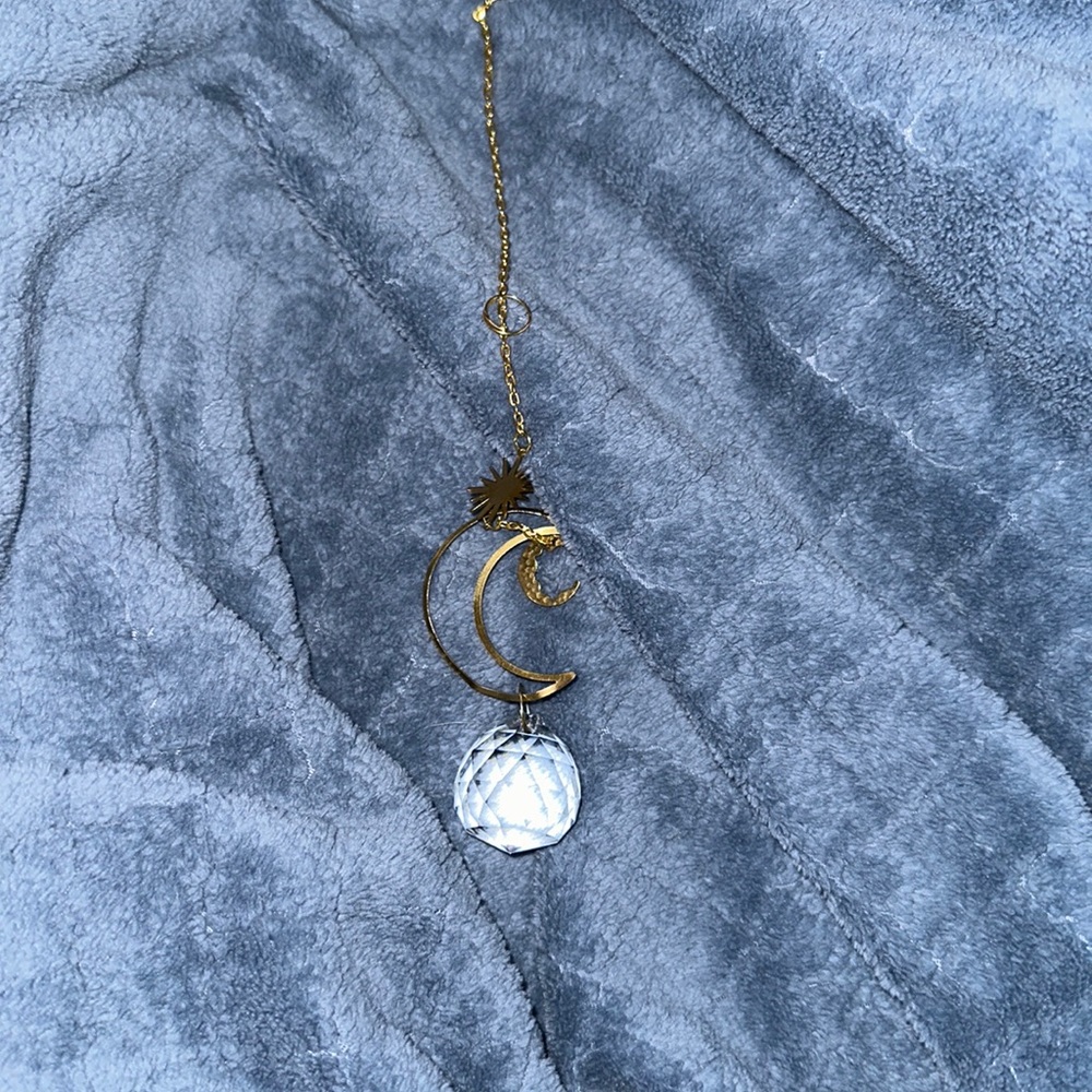 gold and holographic moon rearview mirror decor